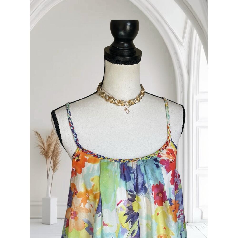 Charlie Jade Chiffon Tank Swing Floral Dress Multi Color EUC 100% Silk S 2 4 - Picture 4 of 11
